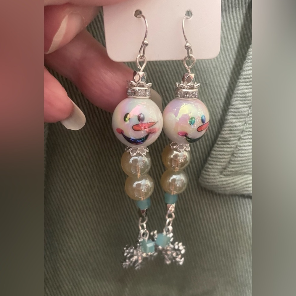 Snowman Beaded Earrings with Silver Snowflake Charms - Picture 4 of 5